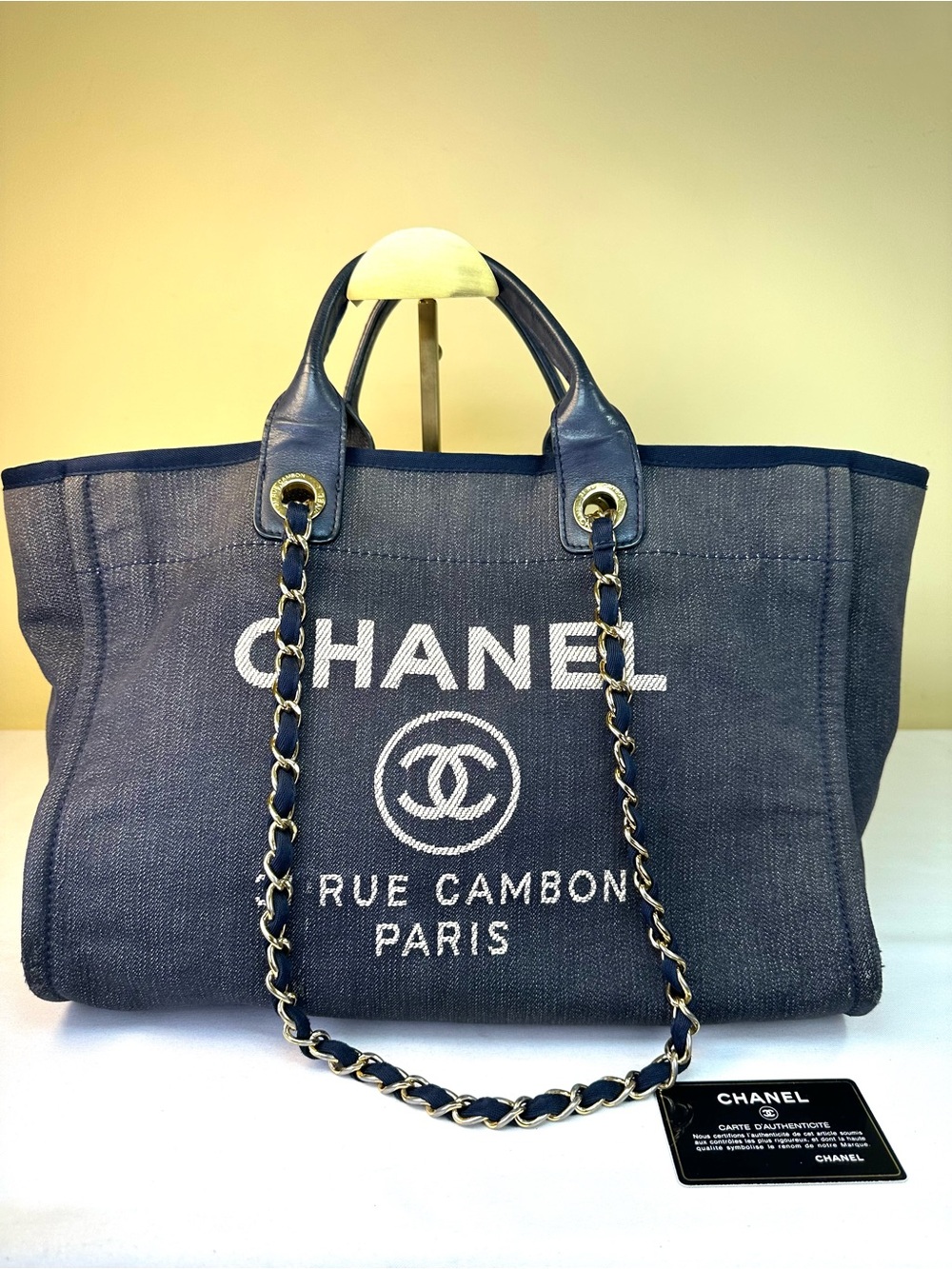 CHANEL Deauville Dark Denim & Navy Leather MM Tote Sticker #17 2012-13 GHW COA